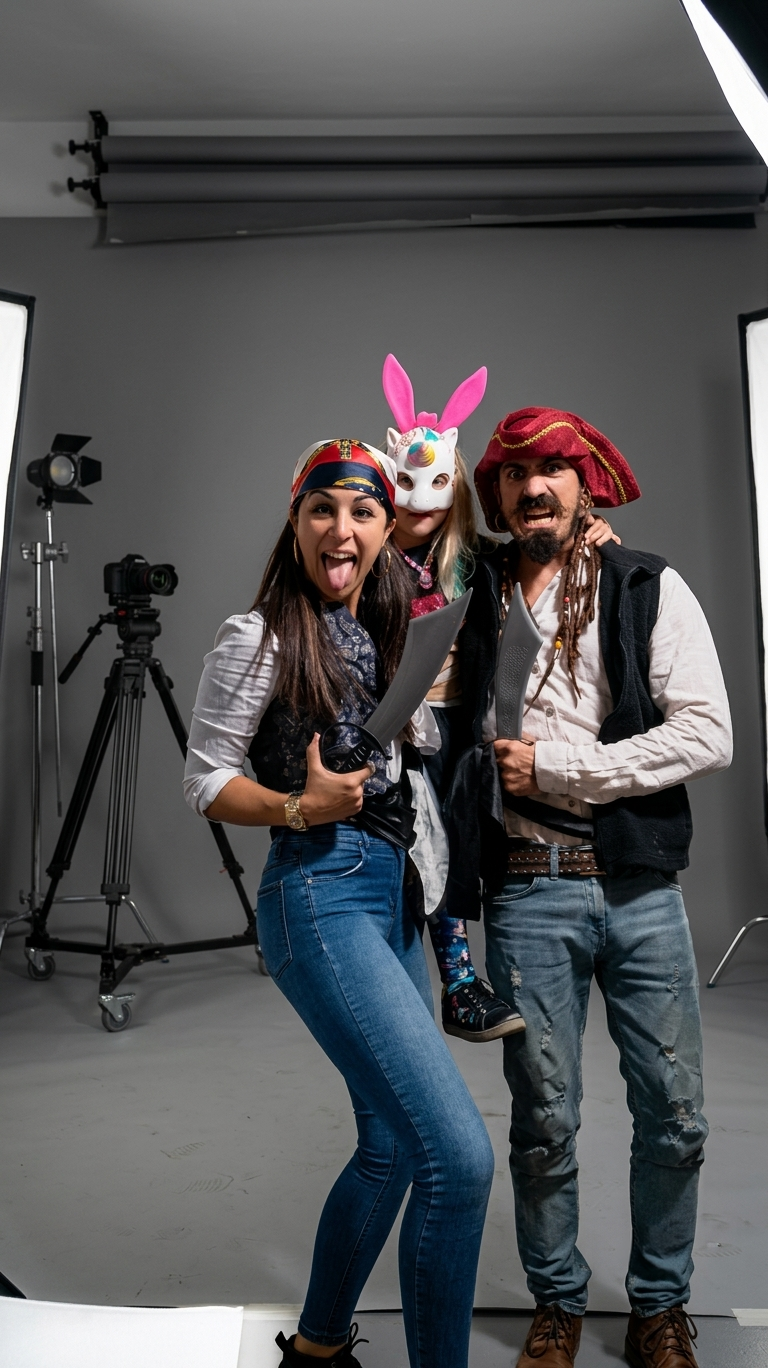 Alejandra en un estudio fotográfico, jugando disfrazada junto a su familia ensamblada