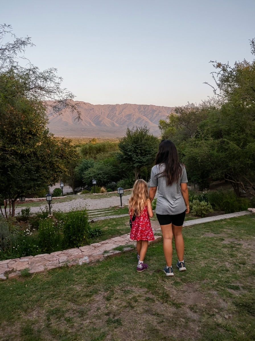 Alejandra y una niña de espaldas mirando las sierras al atardecer
