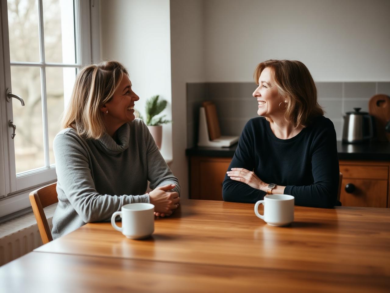 Dos madrastras conversando con café en una mesa de cocina