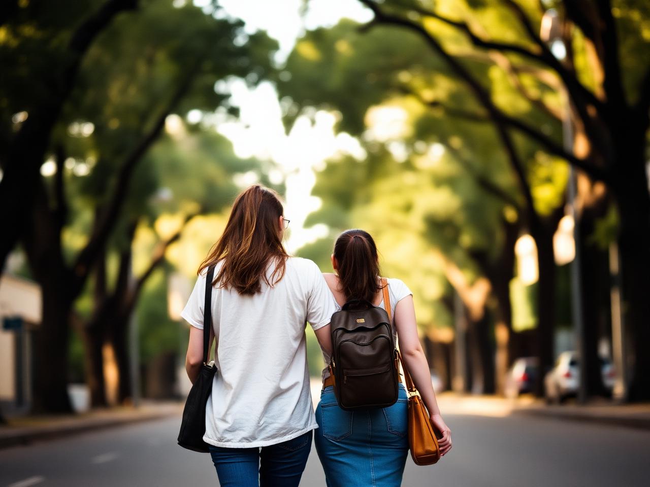 Una adulta y una adolescente caminando juntas por una calle arbolada